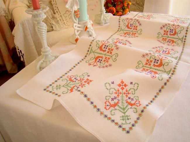 Lovely bright vintage table runner with hand embroidered in cross stitch