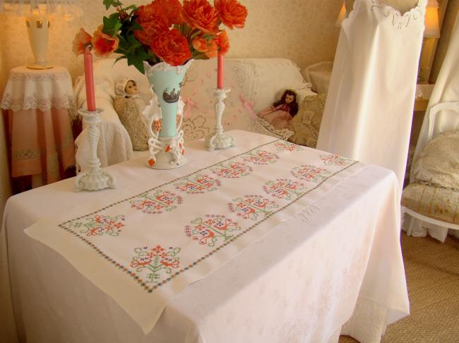 Lovely bright vintage table runner with hand embroidered in cross stitch