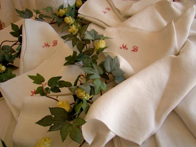 Belle Série de 6 serviettes essuie-main en pur lin tissé, monogramme MD