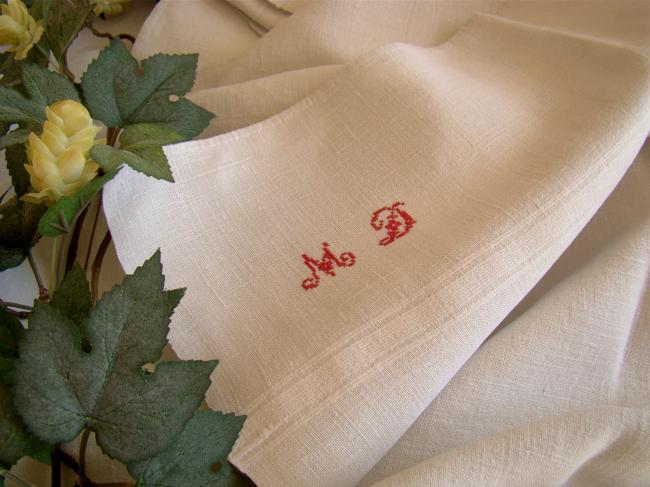 Belle Série de 6 serviettes essuie-main en pur lin tissé, monogramme MD