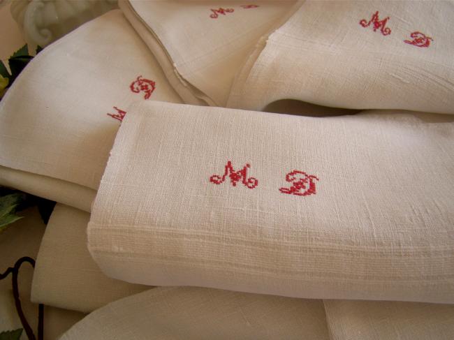 Belle Série de 6 serviettes essuie-main en pur lin tissé, monogramme MD