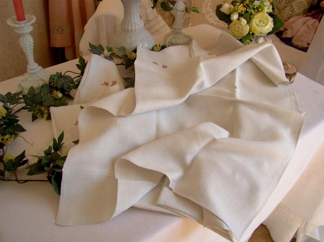 Belle Série de 6 serviettes essuie-main en pur lin tissé, monogramme MD