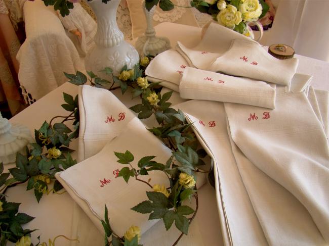 Belle Série de 6 serviettes essuie-main en pur lin tissé, monogramme MD