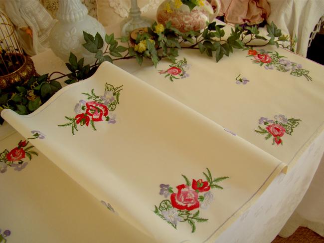 Romantic table runner with hand-embroidered sweet peas