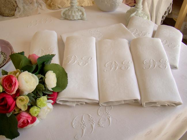 Superb tablecloth & its 6 serviettes in damask linen,floral pattern,1900 mono DP