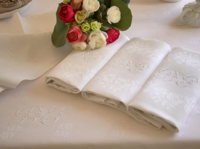 Superb tablecloth & its 6 serviettes in damask linen,floral pattern,1900 mono DP