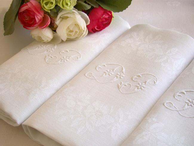 Superb tablecloth & its 6 serviettes in damask linen,floral pattern,1900 mono DP