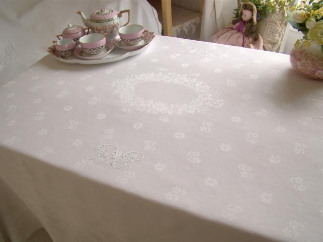 Superb tablecloth & its 6 serviettes in damask linen,floral pattern,1900 mono DP