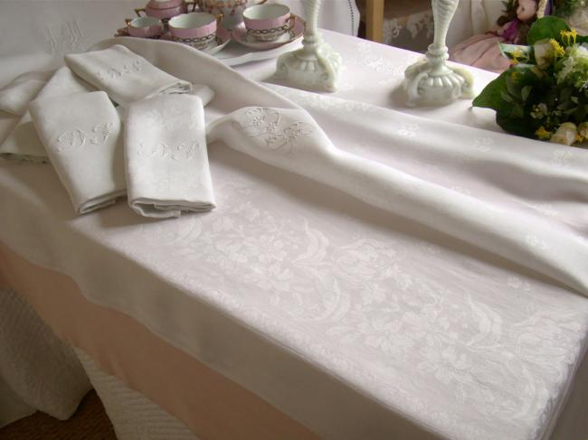 Superb tablecloth & its 6 serviettes in damask linen,floral pattern,1900 mono DP