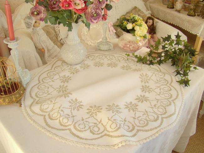 Lovely large table centre with beige hand embroidered in cross stitch