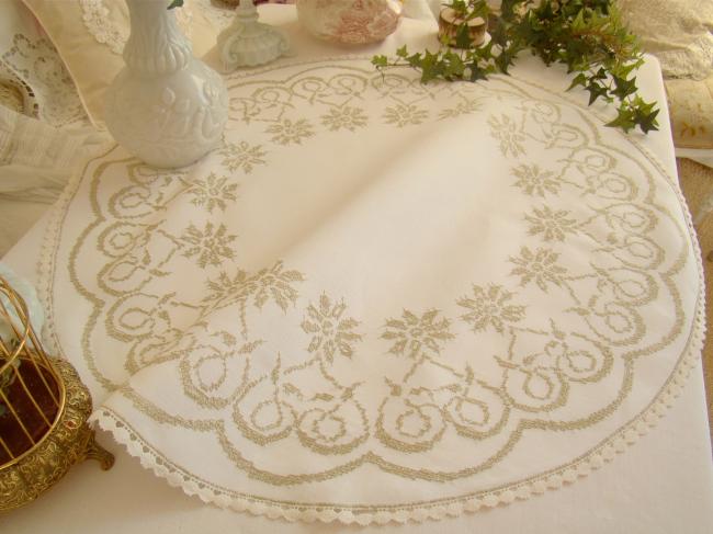 Lovely large table centre with beige hand embroidered in cross stitch