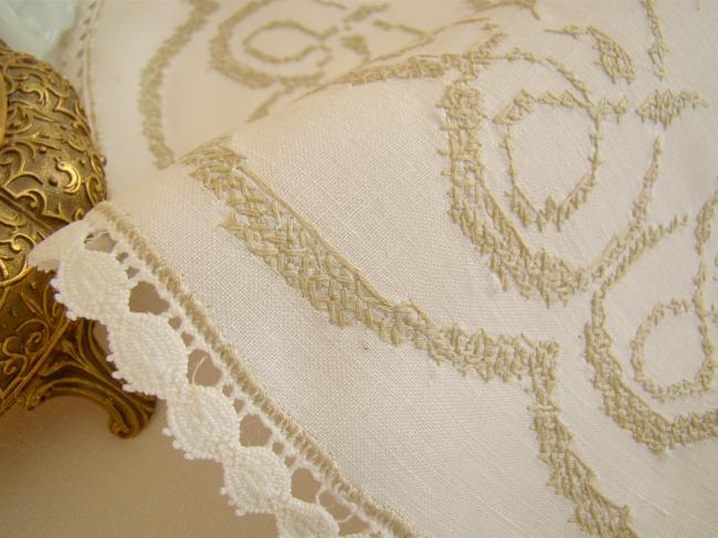 Lovely large table centre with beige hand embroidered in cross stitch