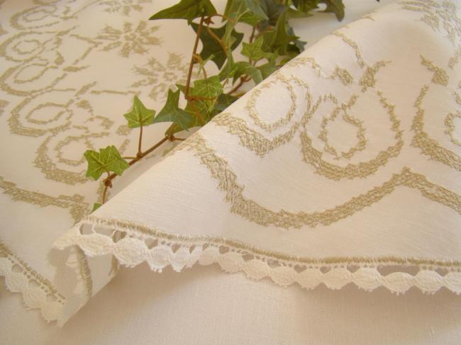 Lovely large table centre with beige hand embroidered in cross stitch
