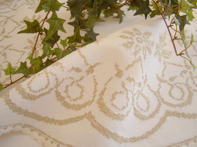 Lovely large table centre with beige hand embroidered in cross stitch