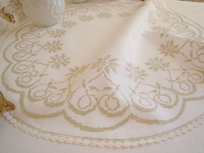 Lovely large table centre with beige hand embroidered in cross stitch