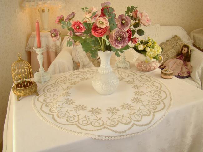 Lovely large table centre with beige hand embroidered in cross stitch