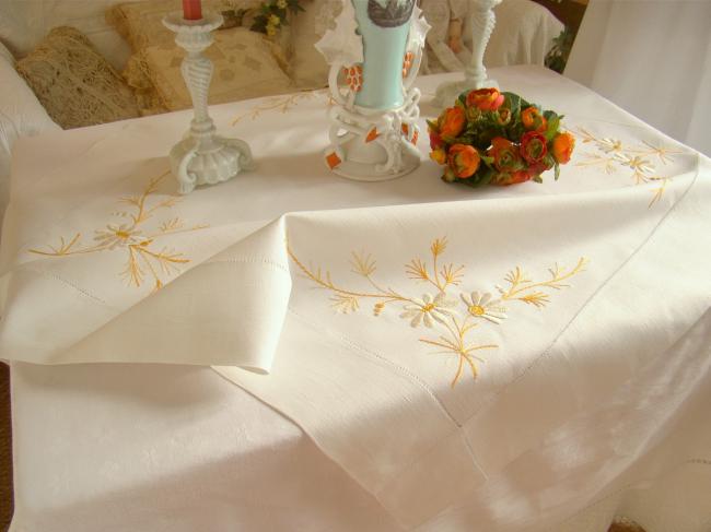 Gorgeous pure linen tablecloth with silk hand-embroidered daisies