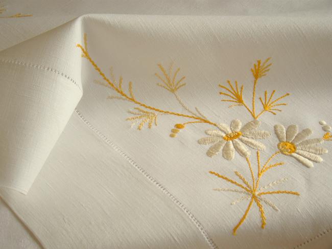 Gorgeous pure linen tablecloth with silk hand-embroidered daisies