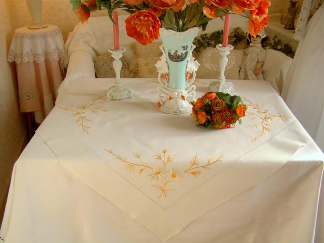 Gorgeous pure linen tablecloth with silk hand-embroidered daisies