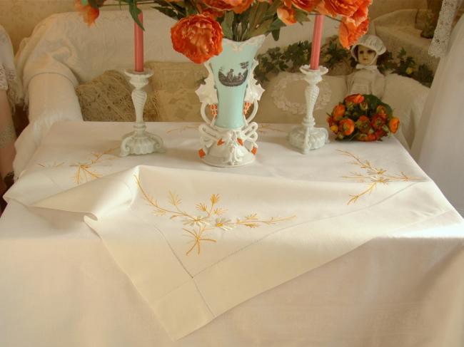 Gorgeous pure linen tablecloth with silk hand-embroidered daisies