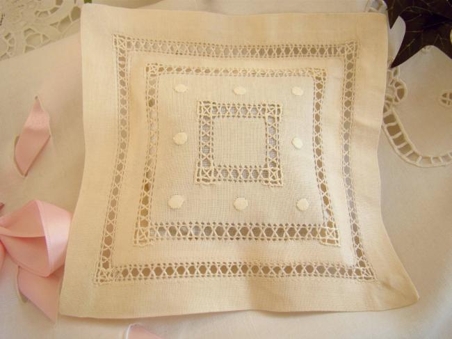 Lovely lavander sachet with hand-embroidered drawn thread rivers& dots (ecru)