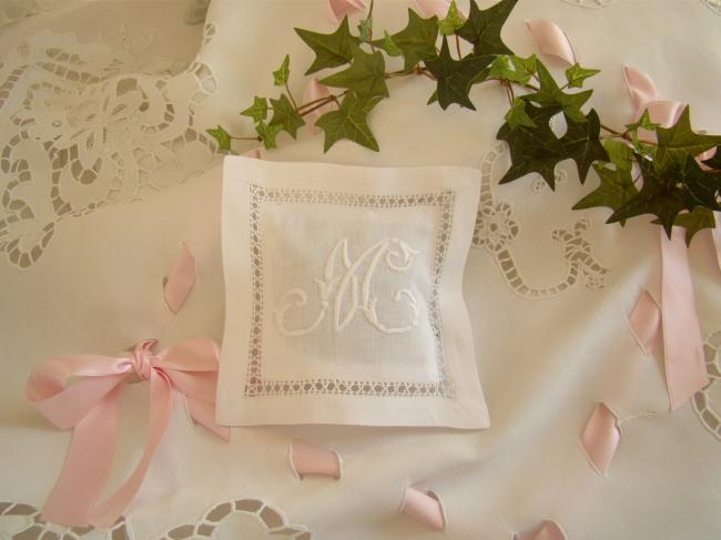 Lovely lavander sachet with hand-embroidered drawn thread river & monogram M