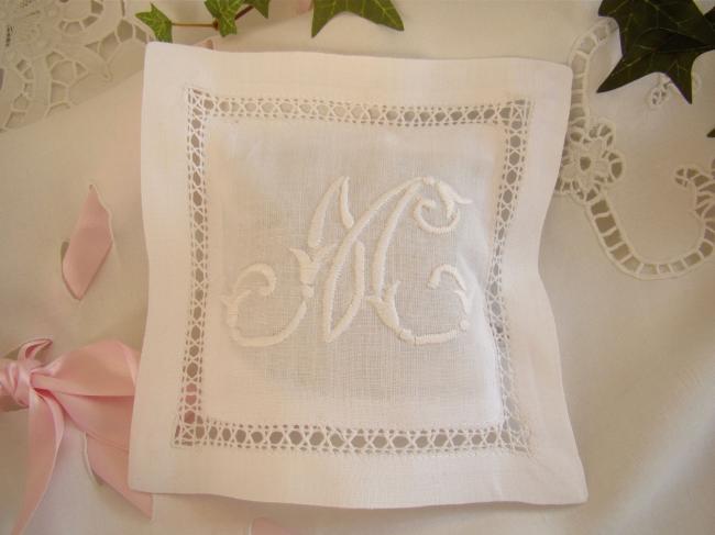 Lovely lavander sachet with hand-embroidered drawn thread river & monogram M