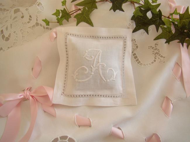 Lovely lavander sachet with hand-embroidered drawn thread river & monogram A