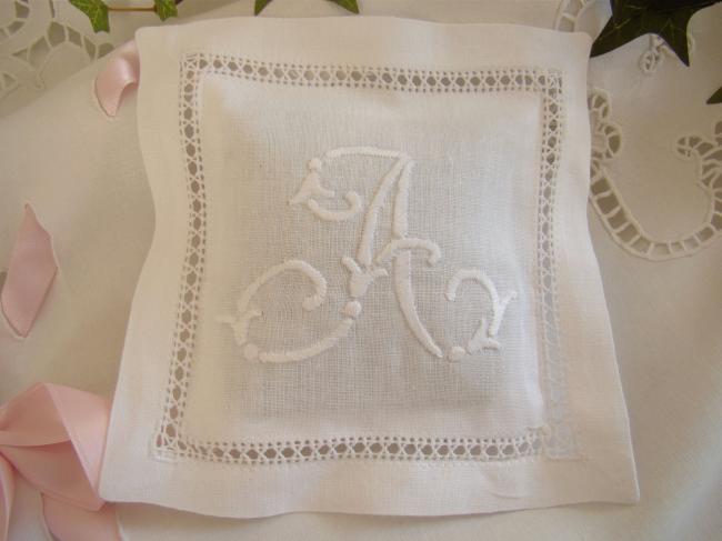 Lovely lavander sachet with hand-embroidered drawn thread river & monogram A