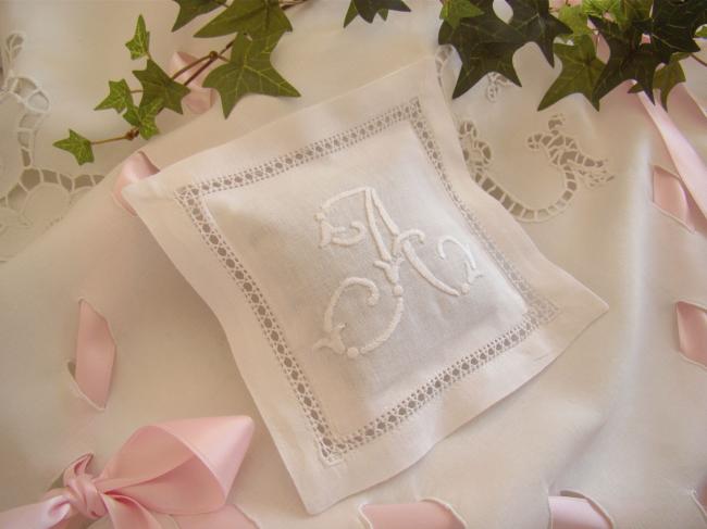 Lovely lavander sachet with hand-embroidered drawn thread river & monogram A