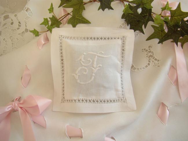 Lovely lavander sachet with hand-embroidered drawn thread river & monogram F