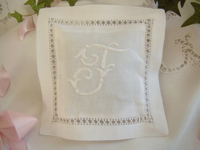 Lovely lavander sachet with hand-embroidered drawn thread river & monogram F