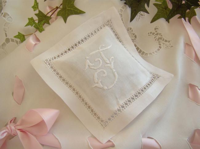 Lovely lavander sachet with hand-embroidered drawn thread river & monogram F