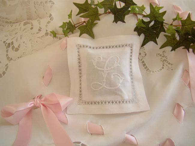 Lovely lavander sachet with hand-embroidered drawn thread river & monogram L