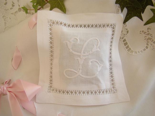 Lovely lavander sachet with hand-embroidered drawn thread river & monogram L