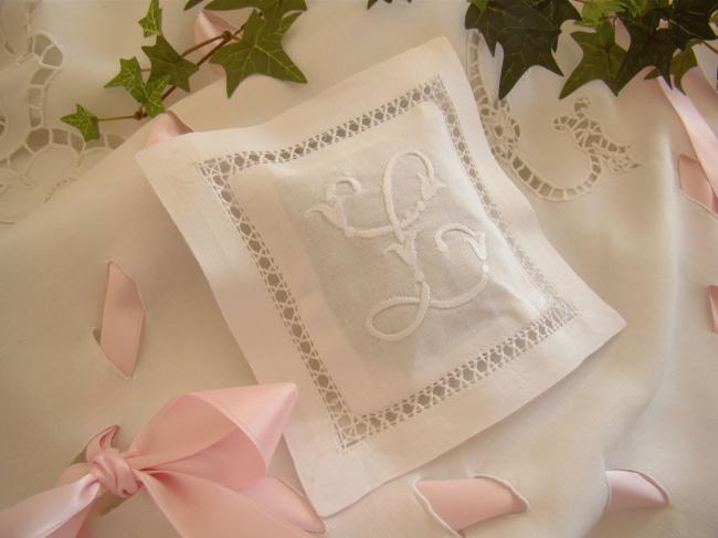Lovely lavander sachet with hand-embroidered drawn thread river & monogram L