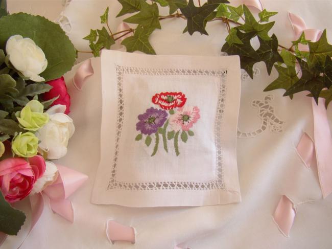 Sweet lavender sachet with hand-embroidered windflower bouquet