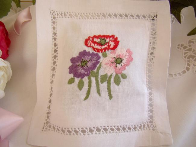 Sweet lavender sachet with hand-embroidered windflower bouquet