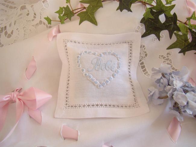 Adorable lavender sachet with hand-embroidered heart with inscription 'bébé'