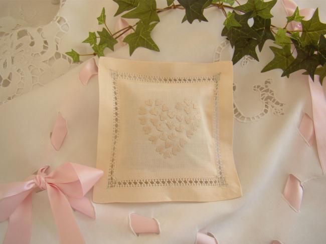 Lovely lavander sachet with hand-embroidered drawn thread & small hearts (ecru)