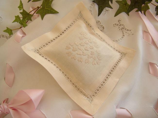 Lovely lavander sachet with hand-embroidered drawn thread & small hearts (ecru)