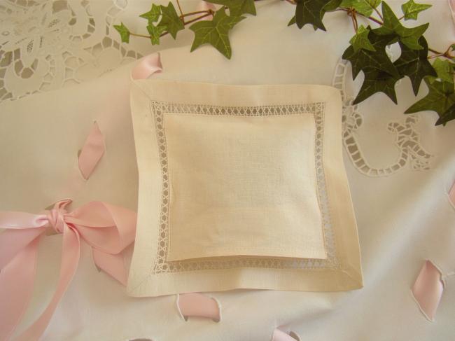 Lovely lavander sachet with hand-embroidered drawn thread & small hearts (ecru)