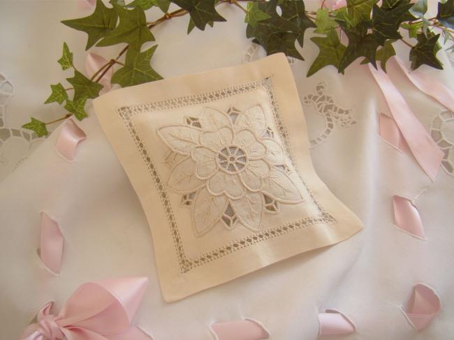 Lovely lavander sachet with hand-embroidered drawn thread rivers& flower (ecru)