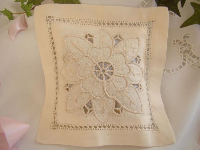 Lovely lavander sachet with hand-embroidered drawn thread rivers& flower (ecru)