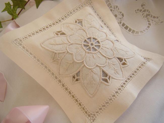 Lovely lavander sachet with hand-embroidered drawn thread rivers& flower (ecru)