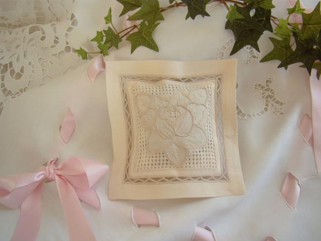 Lovely lavander sachet with hand-embroidered openwork stylish flower (ecru)