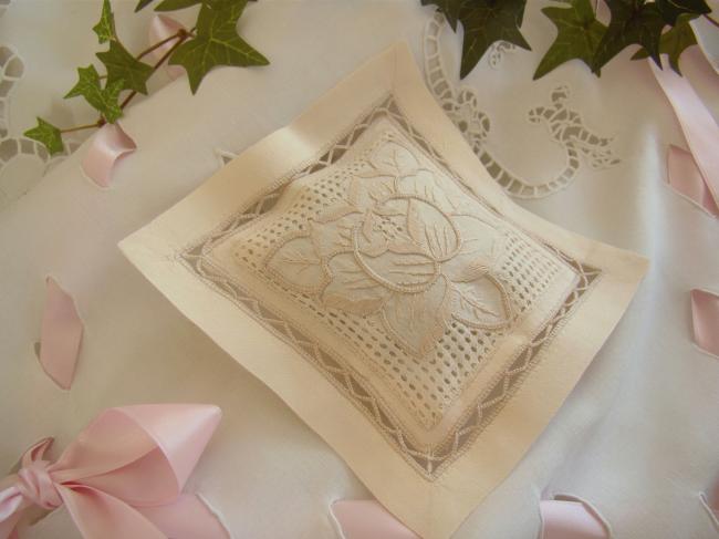 Lovely lavander sachet with hand-embroidered openwork stylish flower (ecru)