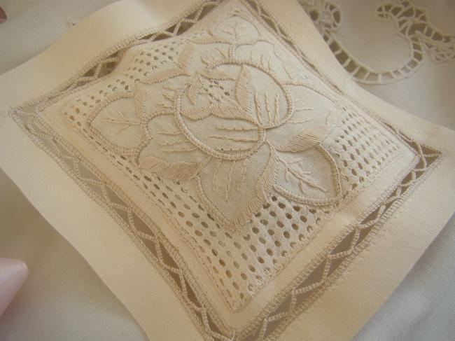 Lovely lavander sachet with hand-embroidered openwork stylish flower (ecru)