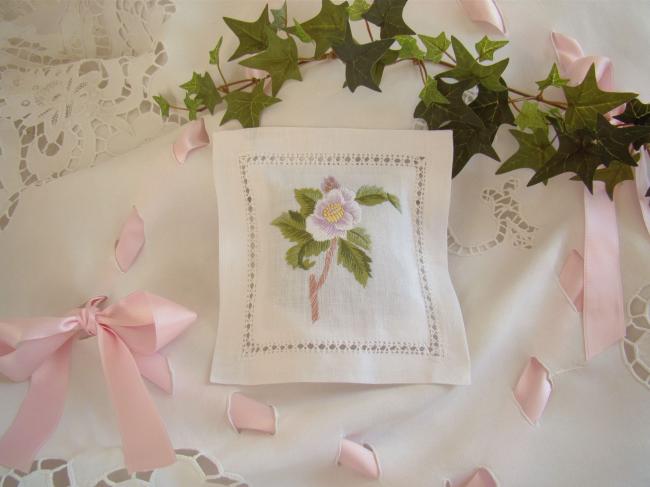 Lovely lavander sachet with hand-embroidered drawn thread river& camellia flower