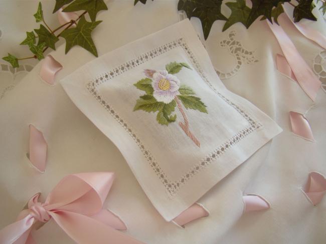 Lovely lavander sachet with hand-embroidered drawn thread river& camellia flower